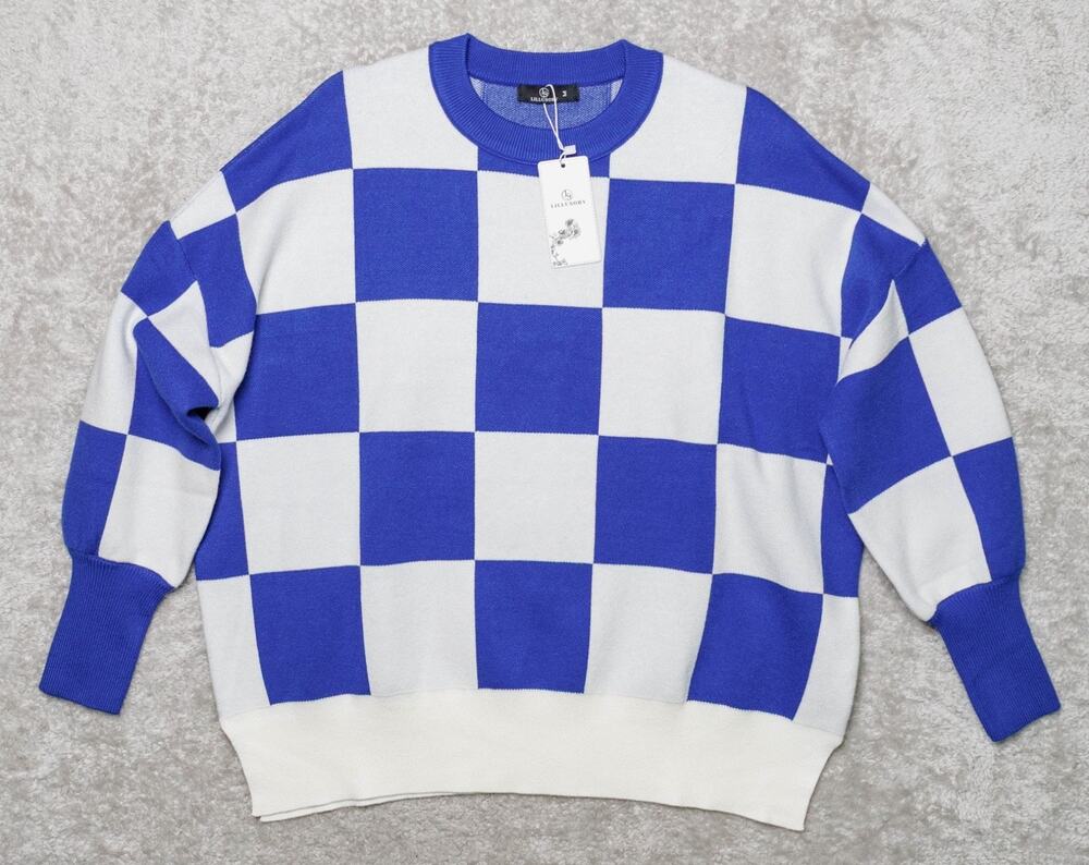 Boutique Blue White Checkerboard Oversized Crew Neck Sweater Womens Size M NWT